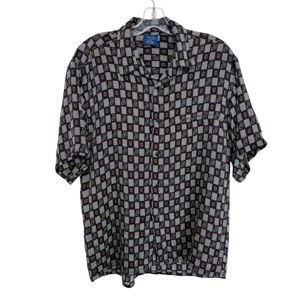 Vintage Silk Paisley Houndstooth Check Shirt Size Small Navy Blue 90s